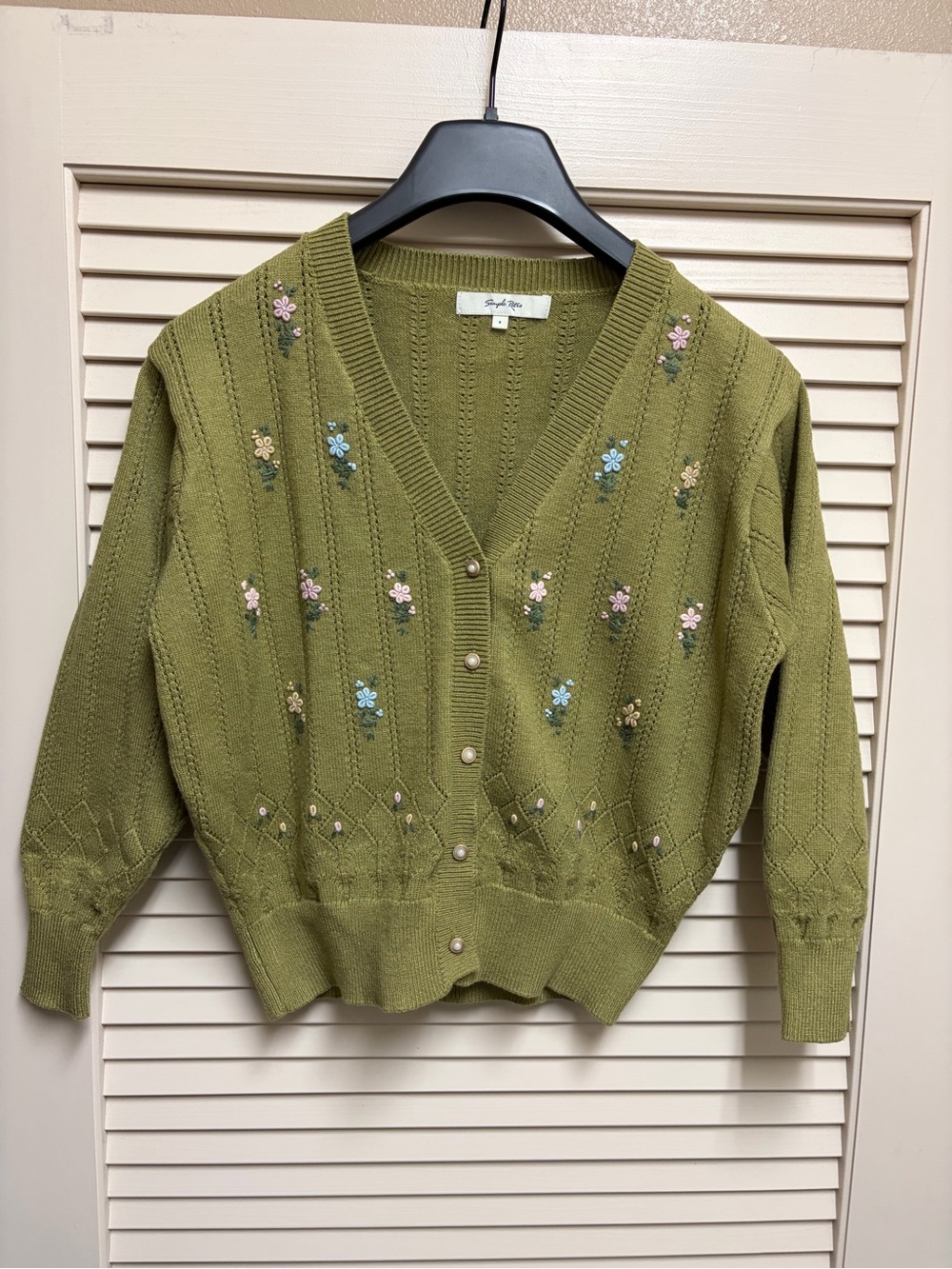 Simple Retro Cardigan Womens S Green Floral Embroidered Cottagecore Knit Sweater